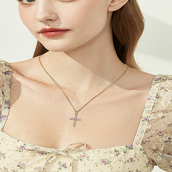 1Pc Brass Crystal Rhinestone Rotatable Cross Pendant 304 Stainless Steel Chain Necklaces, Golden, 11.02 inch(28cm)