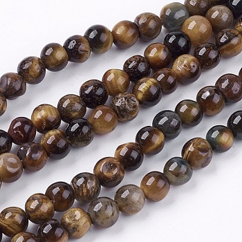 Natural Tiger Eye Round Bead Strands, 6mm, Hole: 1mm, about 62pcs/strand, 15.7 inch
