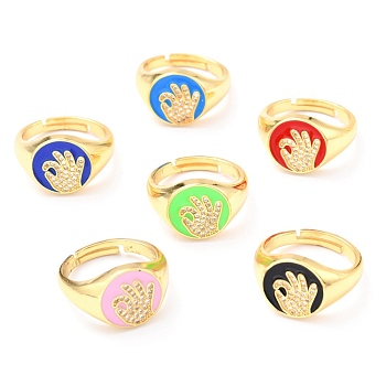 Adjustable Real 18K Gold Plated Brass Enamel Finger Ringss, with Clear Cubic Zirconia, Flat Round with Gesture Language, OK Gesture, Mixed Color, Inner Diameter: 17.5mm