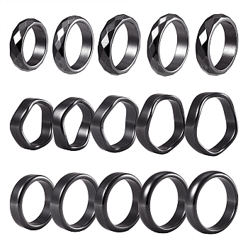 15Pcs 15 Styles Synthetic Hematite Plain Band Finger Rings, Power Stone Jewelry for Women, US Size 6~12 3/4(16.5~22mm), 1pc/style