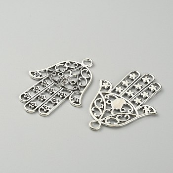 Tibetan Style Big Pendants, Hollow, Hamsa Hand/Hand of Miriam, Antique Silver, 53x39.5x1.5mm, Hole: 4mm