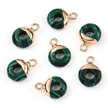 Synthetic Malachite Flat Round/Donut Charms, with Rack Plating Golden Tone Brass Loops, 14x10mm