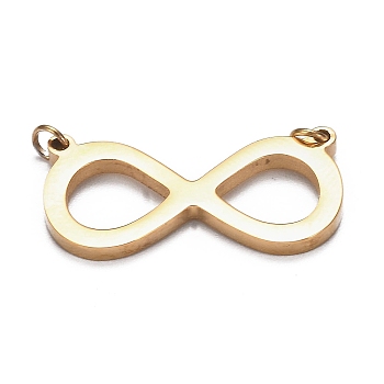 304 Stainless Steel Pendants, with Jump Rings, Laser Cut, Infinity, Golden, 12x24.5x1.7mm, Jump Ring: 3x0.5mm, Hole: 1.2mm