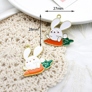 Rabbit Shape Alloy Enamel Pendant, for Easter, Golden, Carrot Pattern, 28x27mm