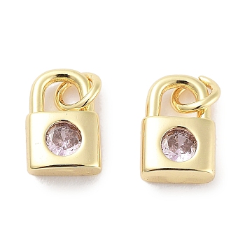 Brass Micro Pave Cubic Zirconia Charms, with Jump Ring, Lock, Real 18K Gold Plated, Pink, 9x5.5x2.5mm, Hole: 1.6mm