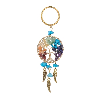 Synthetic Turquoise Keychain, with Iron Split Key Rings, Alloy Wing Charms and Mixed Gemstone Tree of Life Linking Rings, 11.2cm