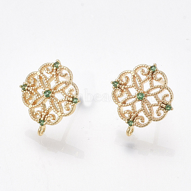Real 18K Gold Plated Green Flower Brass+Cubic Zirconia Stud Earring Findings