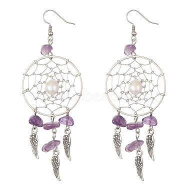 Natural Mixed Gemstone Chips & Pearl Chandelier Earrings(EJEW-JE05281)-2