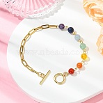 Round Natural Mixed Gemstone Beads Link Bracelets, 304 Stainless Steel Paperclip Chains Bracelets for Women, 7.68 inch(19.5cm)(BJEW-JB13985)
