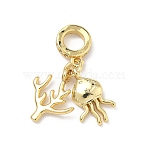 Brass Micro Pave Clear Cubic Zirconia European Dangle Charms, Coral Shape & Jellyfish Large Hole Pendants, Rack Plating, Long-Lasting Plated, Lead Free & Cadmium Free, Real 18K Gold Plated, 27mm, Hole: 4.8mm(KK-P345-46G)