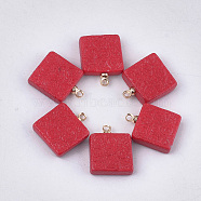 Handmade Porcelain Pendants, Frosted, with Brass Findings, Square, Golden, Red, 15.5~17x13x4mm, Hole: 1.5mm(PORC-T002-82A)