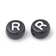 Opaque Acrylic Horizontal Hole Beads, with Enamel, Flat Round, Letter R, 7x4mm, Hole: 1.5mm(SACR-YW0001-70R)