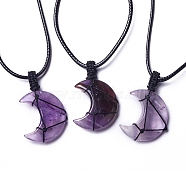 Adjustable Natural Amethyst Moon Pendant Necklace, Wax Cord Macrame Pouch Braided Gemstone Jewelry for Women, 29.37~29.69 inch(74.6~75.4cm)(NJEW-B086-02I)