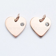 316 Surgical Stainless Steel Pendants, with Cubic Zirconia, Heart, Clear, Real Rose Gold Plated, 12x12x2mm, Hole: 3mm(X-STAS-K178-05RG)
