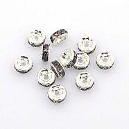 Brass Grade A Rhinestone Spacer Beads, Silver Color Plated, Nickel Free, Black Diamond, 6x3mm, Hole: 1mm(RSB036NF-03)