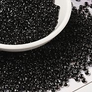 6/0 Transparent Glass Seed Beads, Inside Colours, Round Hole, Round, Black, 3.5~4x3mm, Hole: 2mm, about 450g/bag(SEED-F003-03A-08)