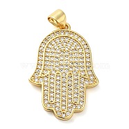 Rack Plating Brass Micro Pave Clear Cubic Zirconia Pendants, Long-Lasting Plated, Cadmium Free & Lead Free, Hamsa Hand, Real 18K Gold Plated, 27.5x18.5x1.8mm, Hole: 3.5x3mm(KK-C047-08G)