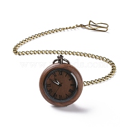 Ebony Wood Pocket Watch with Brass Curb Chain and Clips, Flat Round Electronic Watch for Men, Coconut Brown, 16-3/8~17-1/8 inch(41.7~43.5cm)(WACH-D017-A13-04AB)