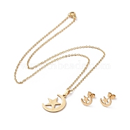 304 Stainless Steel Moon & Star Stud Earrings and Pendant Necklace, Jewelry Set for Women, Golden, 17.32inch(44cm), 10x8.5x1, Pin: 0.8mm(AJEW-B019-03)