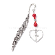 Valentine's Day Alloy Heart Pendant Bookmarks, Dyed Natural Mashan Jade Beaded Bookmark, Feather Bookmark, Cross, 115.5mm, Pendant: 68x29.5x8mm(AJEW-JK00270-05)