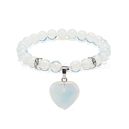 Opalite Round Beaded Stretch Bracelet with Heart Charm, Gemstone Yoga for Women, Inner Diameter: 2 inch(4.95cm)(BJEW-JB09019-01)