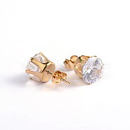 Flat Round 304 Stainless Steel Cubic Zirconia Stud Earrings, Golden, Clear, 6mm, Pin: 0.9mm(EJEW-H306-35G-6mm)