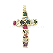 Real 18K Gold Plated Brass with Glass Pendants, Cross, Colorful, 45x27.5x3.5mm, Hole: 3.5x4.2mm(KK-A209-05D-G)