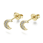 Brass Micro Pave Clear Cubic Zirconia Stud Earrings, with Ear Nuts, Nickel Free, Moon, Real 16K Gold Plated, 6x5.5mm, Pin: 0.7mm(EJEW-T046-27G-NF)