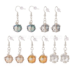 Glass Round with Star Dangle Earrings, Silver Brass Wire Wrap Drop Earrings for Women, Mixed Color, 43mm, Pin: 0.7mm(EJEW-JE05137)