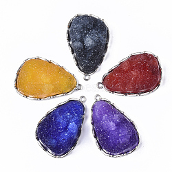 Druzy Resin Pendants, with Antique Silver Tone Alloy Open Back Bezel, teardrop, Mixed Color, 47x30x3.5~14.5mm, Hole: 2.2mm(X-RESI-T039-007)