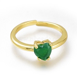 Brass Micro Pave Cubic Zirconia Heart Solitaire Rings, Cuff Rings, Open Rings, Long-Lasting Plated, Golden, Green, US Size 6(16.5mm)(RJEW-N031-26E-G)