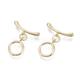 Brass Toggle Clasps, with Jump Rings, Nickel Free, Ring, Real 18K Gold Plated, Total Length: 23mm, Bar: 18.5x7x3mm, Hole: 1.2mm, Ring: 13.5x10x3mm, Hole: 1.2mm(X-KK-T063-011-NF)