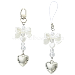 2Pcs ABS Plastic Imitation Pearl & Acrylic Pendant Decorations, with Alloy Swivel Clasps and Mobile Phone Straps, Heart with Bowknot, Platinum, White, 120~143mm(HJEW-YW00300)