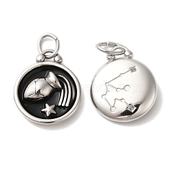 304 Stainless Steel Enamel Pendants, with Jump Ring, Flat Round with Constellation, Stainless Steel Color, Aquarius, 20.5x17x2.5~3.5mm, Hole: 4x6mm(STAS-A080-43P-10)