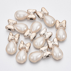 UV Plating ABS Plastic Pendants, with ABS Plastic Imitation Pearl, Light Gold, teardrop, with Bowknot, Creamy White, 30x15x8mm, Hole: 5mm(KY-T016-21)