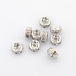 Brass Rhinestone Spacer Beads, Grade AAA, Straight Flange, Nickel Free, Platinum Metal Color, Rondelle, Crystal, 6x3mm, Hole: 1mm(X-RB-A014-Z6mm-01P-NF)