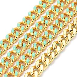 Two Tone Handmade Brass Curb Chains, with Enamel and Spool, Unwelded, Long-Lasting Plated, Real 18K Gold Plated, Aquamarine, 6x5x1.2mm, about 32.8 Feet(10m)/roll(CHC-I035-01G-09)