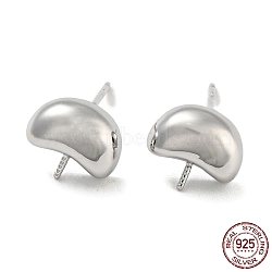 Rhodium Plated Half Round 925 Sterling Silver Stud Earring Findings, for Half Drilled Beads, with S925 Stamp, Real Platinum Plated, 8.5x9.5mm, Pin: 10.5X0.7mm and 0.7mm(STER-Q192-16P)