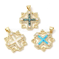 Rack Plating Brass Micro Pave Cubic Zirconia Pendants, with Plastic Pearl Beads, Cadmium Free & Lead Free, Long-Lasting Plated, Real 18K Gold Plated, Cross, 24x20.5x4.5mm, Hole: 4x3mm(KK-P268-08B-G)