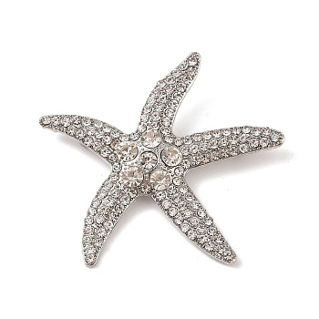 Starfish Alloy Rhinestone Sea Animal Brooches, Platinum, Crystal, 51x54mm