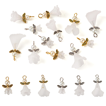 Pandahall 30Pcs 6 Styles Angel Frosted Acrylic Pendants, with Glass Pearl Beads and Tibetan Style Alloy Wing Beads, Antique Silver & Antique Golden, 23~35x14~18x6~17mm, Hole: 3~3.5mm,  5pcs/style