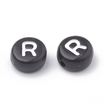 Opaque Acrylic Horizontal Hole Beads, with Enamel, Flat Round, Letter R, 7x4mm, Hole: 1.5mm