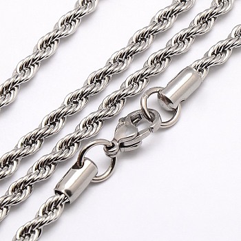 Trendy Men's 304 Stainless Steel Rope Chain Necklaces, with Lobster Clasps, Stainless Steel Color, 17.7 inch(44.9cm), 4mm