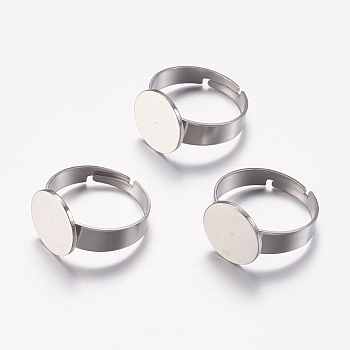 Adjustable 304 Stainless Steel Finger Rings Components, Pad Ring Base Findings, Flat Round, Stainless Steel Color, Tray: 12mm, Size 7, 17mm