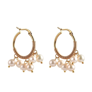 304 Stainless Steel Hoop Earrings, with Natural Cultured Freshwater Pearl Beads, Golden, Floral White, 41x25mm, Pin: 1.3x0.7mm