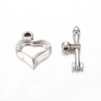 Tibetan Style Toggle Clasps, Heart, Lead Free and Cadmium Free, Antique Silver, about 0.8cm wide, 1.8cm long, hole: about 1.5mm