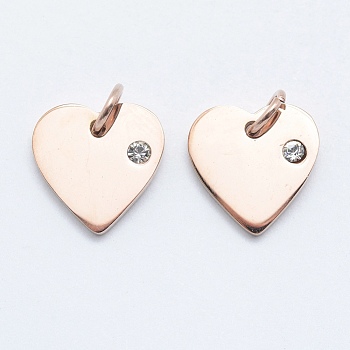 316 Surgical Stainless Steel Pendants, with Cubic Zirconia, Heart, Clear, Real Rose Gold Plated, 12x12x2mm, Hole: 3mm