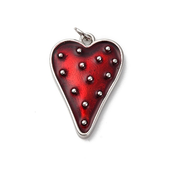 Brass Enamel Pendants, Heart Charm, with Jump Ring, Rack Plating, Lead Free & Cadmium Free, Long-Lasting Plated, Platinum, 26x17.5x3.5mm, Hole: 3.5mm