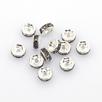 Brass Grade A Rhinestone Spacer Beads, Silver Color Plated, Nickel Free, Black Diamond, 6x3mm, Hole: 1mm