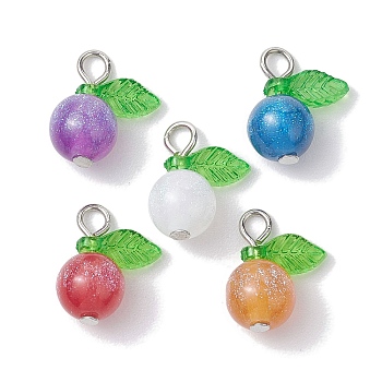 Imitation Cat Eye Resin Round Penants, Fruit Charms with Acrylic Leaf & Alloy Loops, Mixed Color, Platinum, 15.5x13x8mm, Hole: 2.7mm